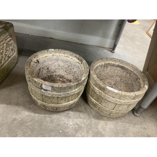 481 - 2 barrel style stone effect planters 21H 31DIAM