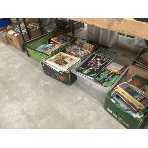 487 - 7 boxes of assorted books and magazines including plant care, maps, exploration, song books, Footbal... 