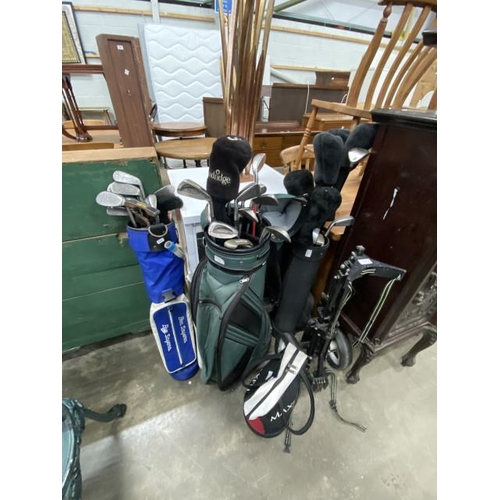 61 - Golf bag and ladies clubs, golf bag with children's clubs and a golf bag with vintage clubs and putt... 