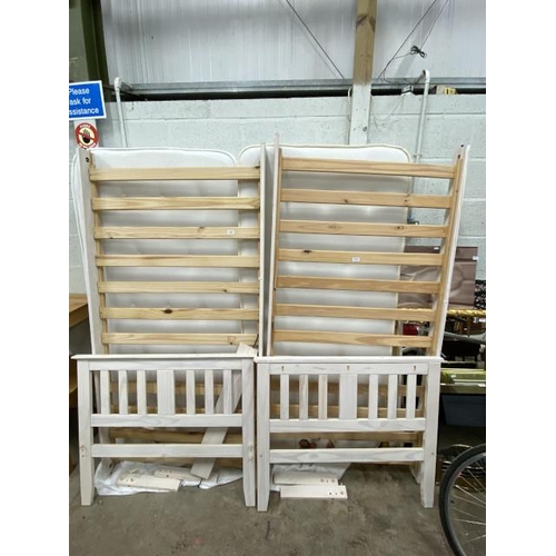 67 - 2 pained pine 3ft bed frames with side rails and lats and 2 Roma Orthopaedic mattresses