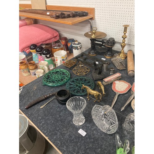 384 - Collection of pottery, dressing table set, cast scales with weights, brass & cast trivets, Mikado ha... 