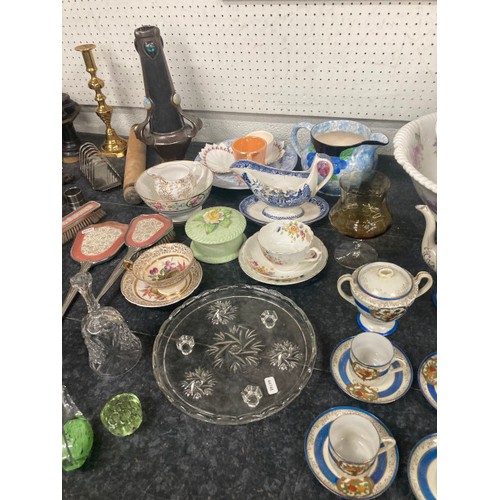 384 - Collection of pottery, dressing table set, cast scales with weights, brass & cast trivets, Mikado ha... 