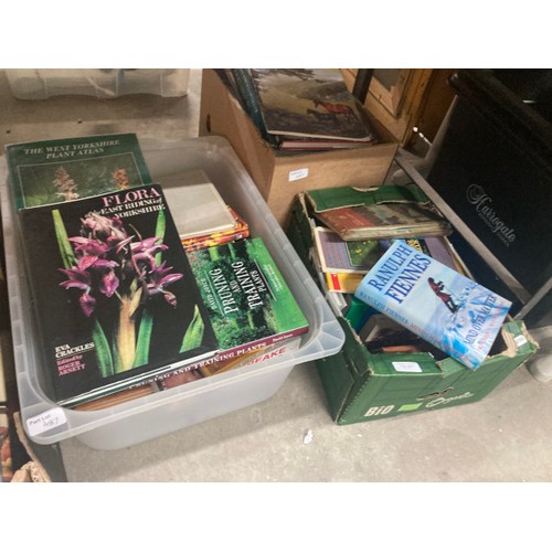 487 - 7 boxes of assorted books and magazines including plant care, maps, exploration, song books, Footbal... 