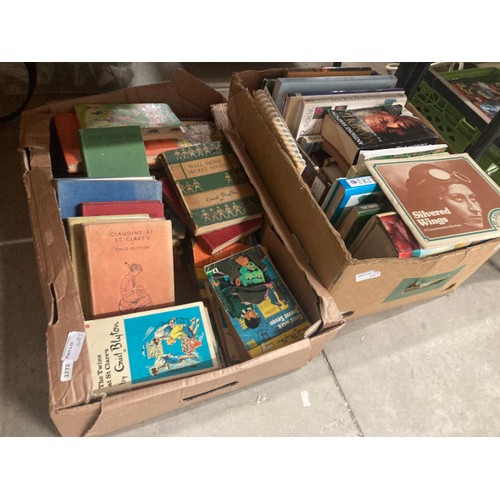 487 - 7 boxes of assorted books and magazines including plant care, maps, exploration, song books, Footbal... 