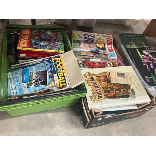 487 - 7 boxes of assorted books and magazines including plant care, maps, exploration, song books, Footbal... 