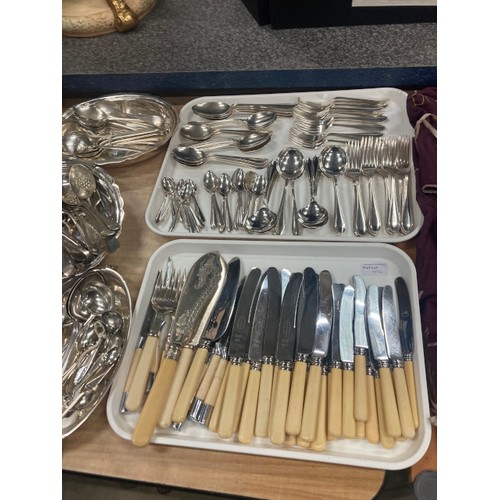 476 - Nice collection of silver plate including 2 candelabras 28 and 49H, 3 galleried trays, goblets, suga... 