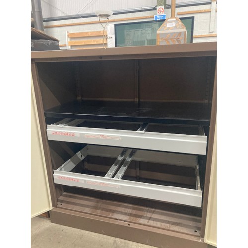 56 - 2 door metal cupboard with shelves to the interior and 2 keys 102H 92W 45D