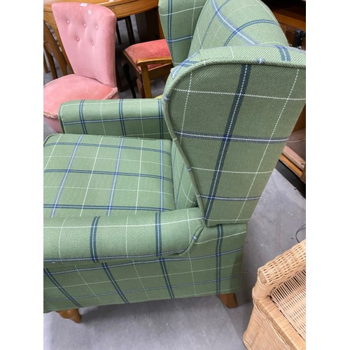 24 - Dunelm tartan upholstered wing armchair 96H 70W