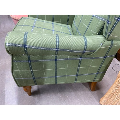 24 - Dunelm tartan upholstered wing armchair 96H 70W