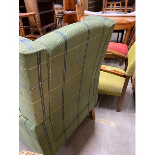 24 - Dunelm tartan upholstered wing armchair 96H 70W