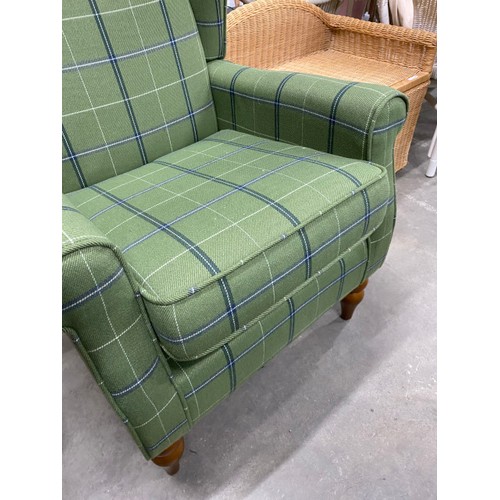 24 - Dunelm tartan upholstered wing armchair 96H 70W