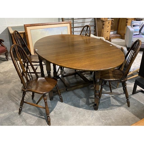 128 - Good quality oak gate leg table 73H 122W 60-180D and 4 chairs