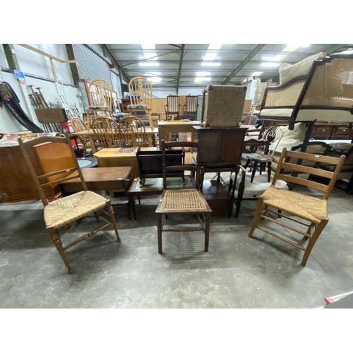 30 - Assorted furniture including bedroom chairs, stools, mahogany two door cupboard 37H 50W 30D, hand pa... 