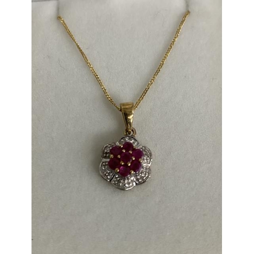 341 - 9ct gold, ruby & diamond set pendant on 9ct gold neck chain, 45cm overall 1.8g