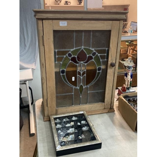 424 - Antique pine wall cabinet with stained glass door 48W 67H 21D & a display case of thimbles 24x29cm