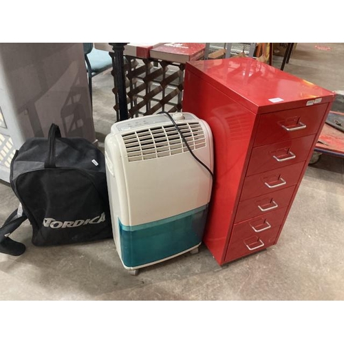 557 - Homebase 623182 portable dehumidifier, red metal six drawer filing cabinet 69H 28W 41D and a pair of... 