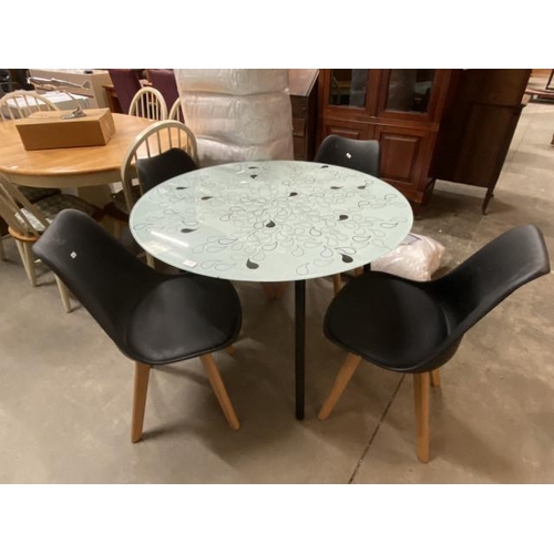 62 - Ikea 'Salmi' contemporary kitchen table 73H 105cm diameter and 4 black chairs