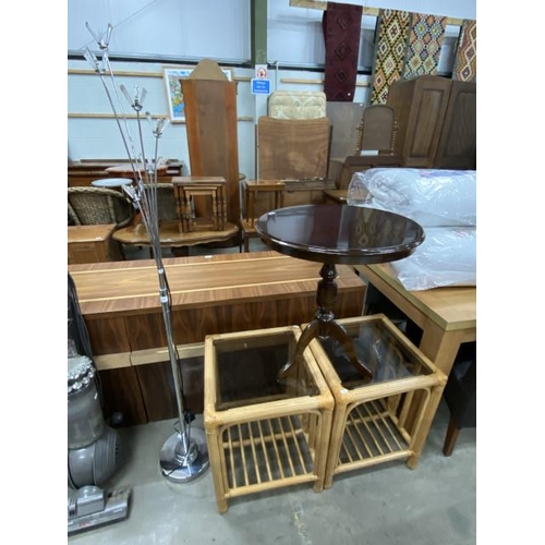 66 - Contemporary chrome standard lamp, pair of rattan occasional tables 57H 46W 46D and a mahogany lamp ... 