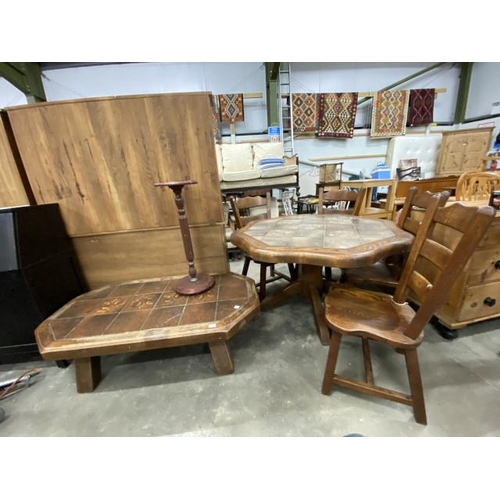 76 - Oak farmhouse dining table with tiled top 76H 130cm diameter with 4 chairs and a matching occasional... 