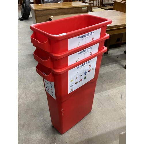 84 - 3 red plastic storage bins 75H 58W 20D