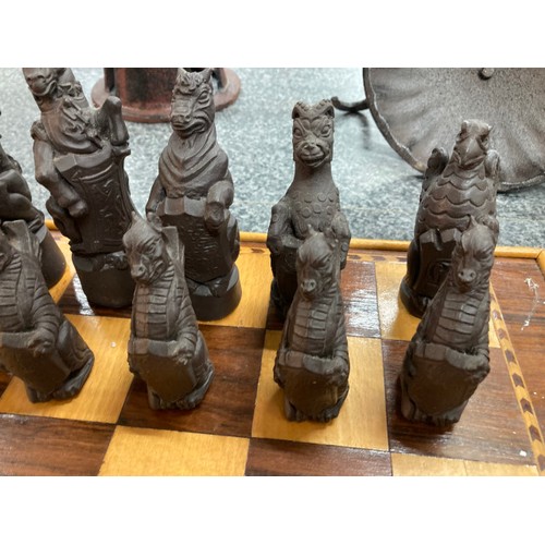 229 - Marquetry inlaid chess board 56x61cm & 32 resin chess pieces