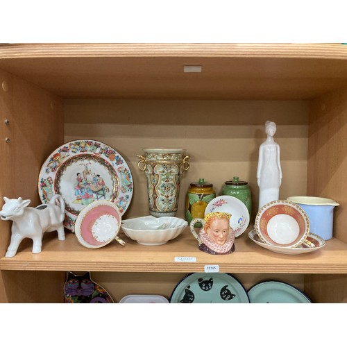 243 - 3 shelves of collectable ceramics inc. Royal Doulton 'Feline Fantasy' plate, enamel wares, Chinese p... 