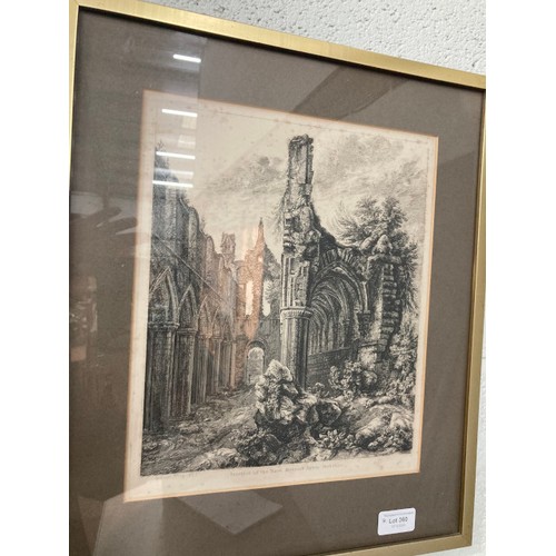 360 - 4 framed etchings by George Cuitt 'Interior of the Nave, Kirkstall Abbey, Yorkshire', 'Kirkham Prior... 