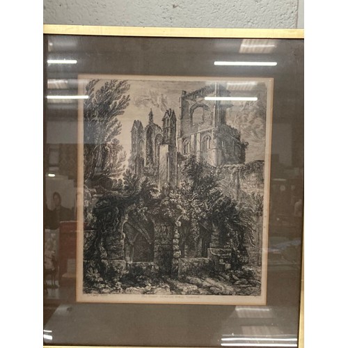 360 - 4 framed etchings by George Cuitt 'Interior of the Nave, Kirkstall Abbey, Yorkshire', 'Kirkham Prior... 