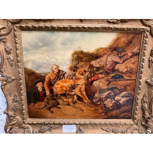 399 - Two ornate gilt framed oil paintings on panels, J. Hardy (1832-1889) 'In The Highlands' signed lower... 