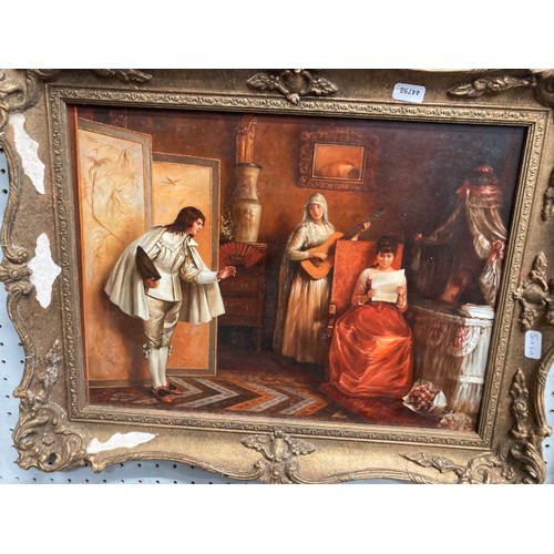 399 - Two ornate gilt framed oil paintings on panels, J. Hardy (1832-1889) 'In The Highlands' signed lower... 