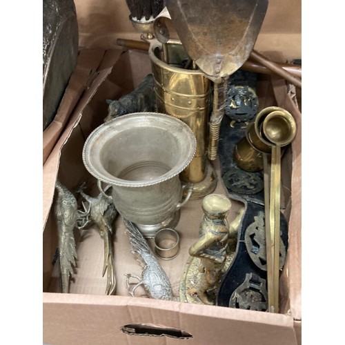 433 - Collection of brass, copper & silver plate inc. companion set, kettles, canons, horse brasses, cutle... 