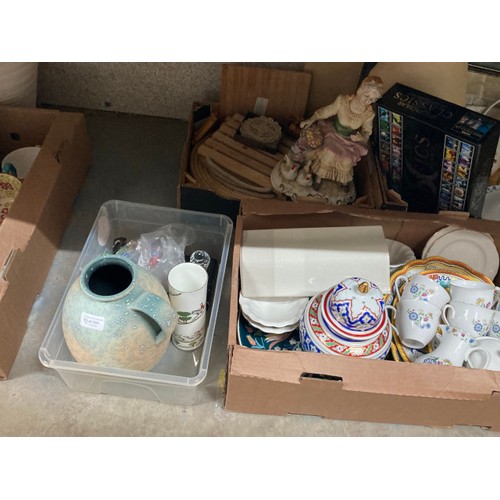 484 - 10 boxes of ceramics, part tea sets, collectables, vases, place mats, wash bowl, planter etc.