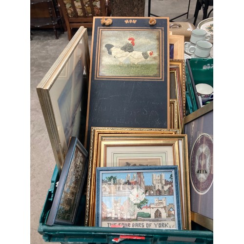 501 - 13 crates of assorted collectables including tea and dinner wares, planters, framed pictures, vases,... 