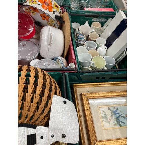 501 - 13 crates of assorted collectables including tea and dinner wares, planters, framed pictures, vases,... 