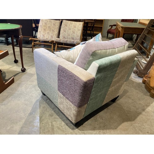 118 - Patchwork upholstered lounge chair with 2 scatter cushions 70H 80W 82D