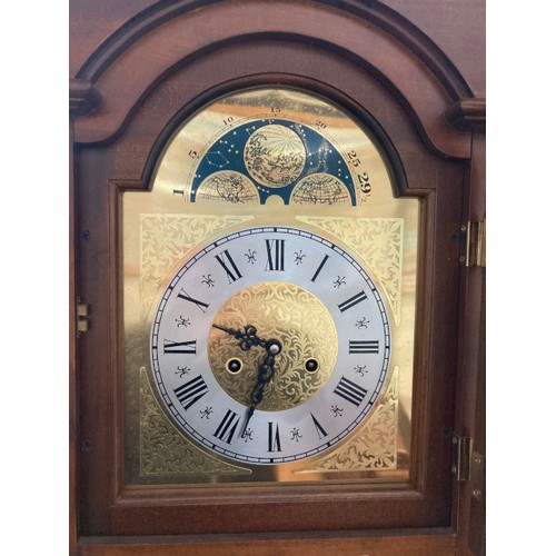 33 - 31 day mahogany cased Grandfather clock with pendulum, weights and winding key 87H 64W 25D