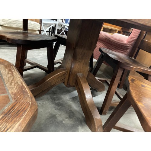 76 - Oak farmhouse dining table with tiled top 76H 130cm diameter with 4 chairs and a matching occasional... 