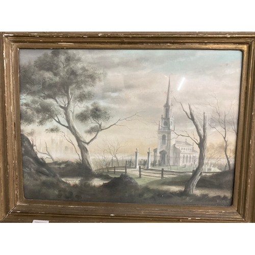 396 - Framed signed Felix Kelly 1945 (1914-1994) 'Landscape with Church' watercolour with T & R Annan & So... 