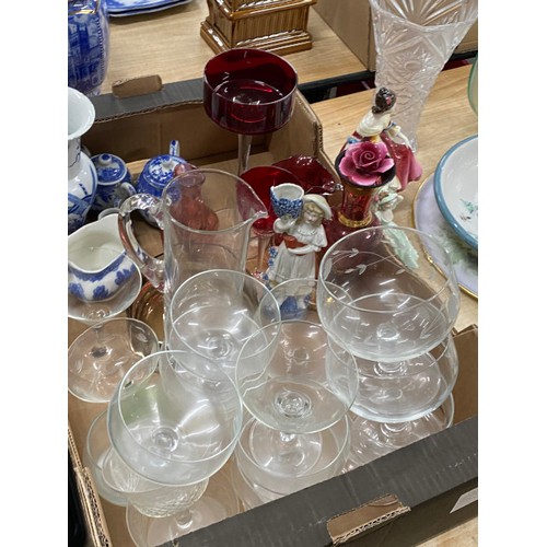 489 - Box of collectables including art glass, cranberry glass, sundae dishes, blue and white wares etc an... 