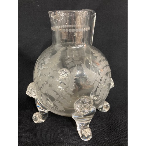 444 - John Ford, Holyrood Flint Glassworks, Edinburgh etched glass whisky jug with moulded lions mast prun... 