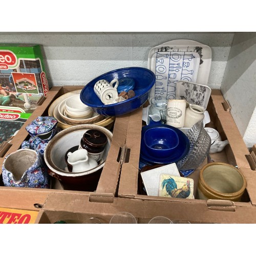 410 - 9 boxes of pottery & glass inc. cake stands, decanters, Bristol green glasses, mixing bowls, pair of... 