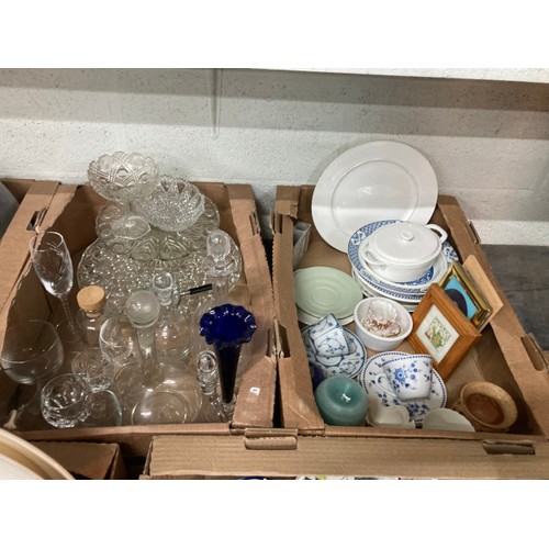 410 - 9 boxes of pottery & glass inc. cake stands, decanters, Bristol green glasses, mixing bowls, pair of... 