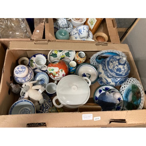 410 - 9 boxes of pottery & glass inc. cake stands, decanters, Bristol green glasses, mixing bowls, pair of... 