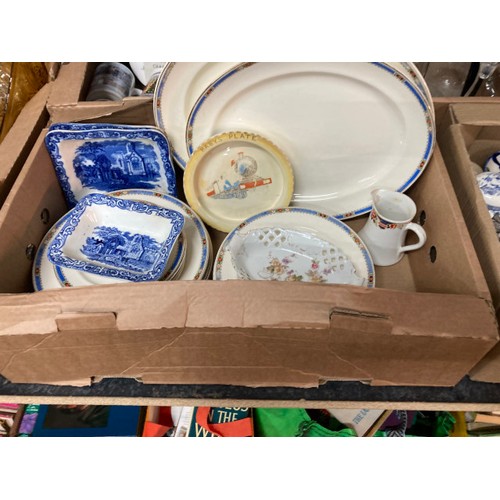 410 - 9 boxes of pottery & glass inc. cake stands, decanters, Bristol green glasses, mixing bowls, pair of... 