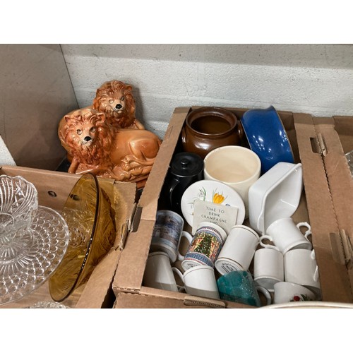 410 - 9 boxes of pottery & glass inc. cake stands, decanters, Bristol green glasses, mixing bowls, pair of... 