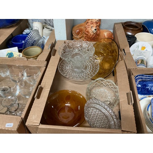 410 - 9 boxes of pottery & glass inc. cake stands, decanters, Bristol green glasses, mixing bowls, pair of... 