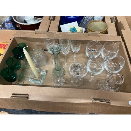 410 - 9 boxes of pottery & glass inc. cake stands, decanters, Bristol green glasses, mixing bowls, pair of... 