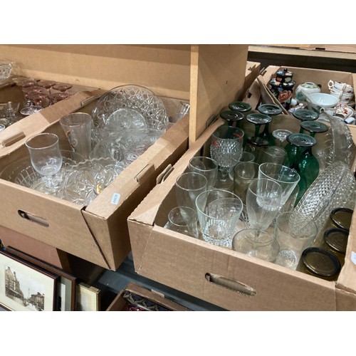 456 - 6 mixed boxes of glassware inc. Georgian cut spirit decanter, vases, cake stand, candlesticks, fruit... 