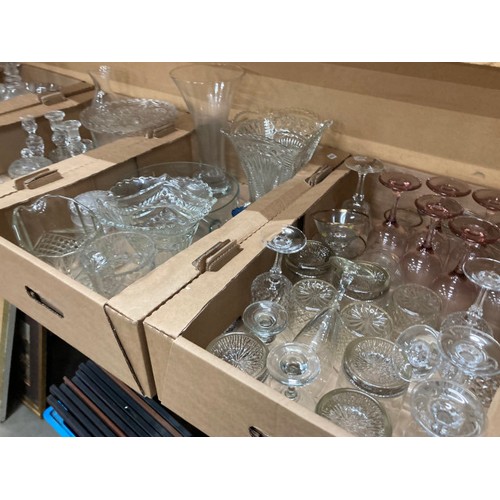 456 - 6 mixed boxes of glassware inc. Georgian cut spirit decanter, vases, cake stand, candlesticks, fruit... 