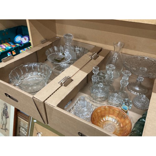 456 - 6 mixed boxes of glassware inc. Georgian cut spirit decanter, vases, cake stand, candlesticks, fruit... 